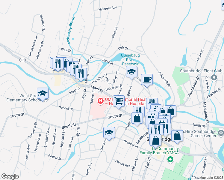 map of restaurants, bars, coffee shops, grocery stores, and more near 632 Main Street in Southbridge