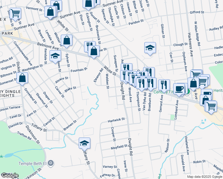 map of restaurants, bars, coffee shops, grocery stores, and more near 103 Webber Street in Springfield