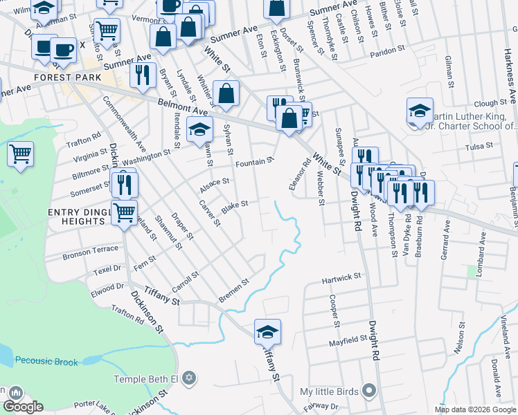 map of restaurants, bars, coffee shops, grocery stores, and more near 164 Belvidere Street in Springfield