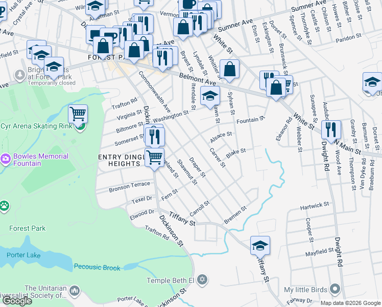 map of restaurants, bars, coffee shops, grocery stores, and more near 133 Draper Street in Springfield
