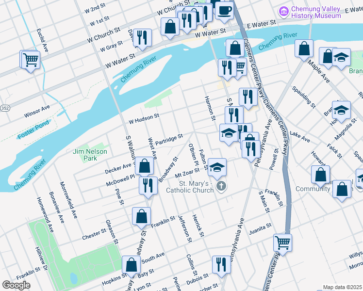 map of restaurants, bars, coffee shops, grocery stores, and more near 321 Broadway Street in Elmira