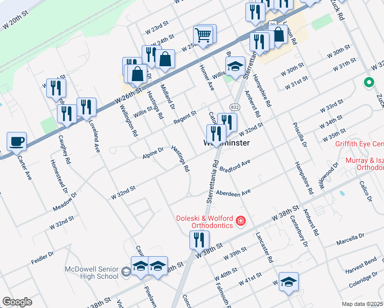 map of restaurants, bars, coffee shops, grocery stores, and more near 3267 W 32nd St in Erie