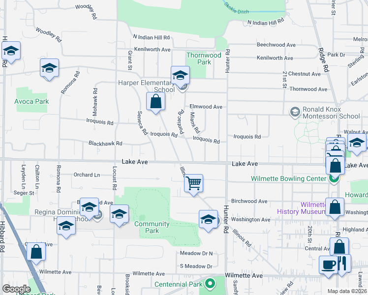 map of restaurants, bars, coffee shops, grocery stores, and more near 909 Illinois Road in Wilmette