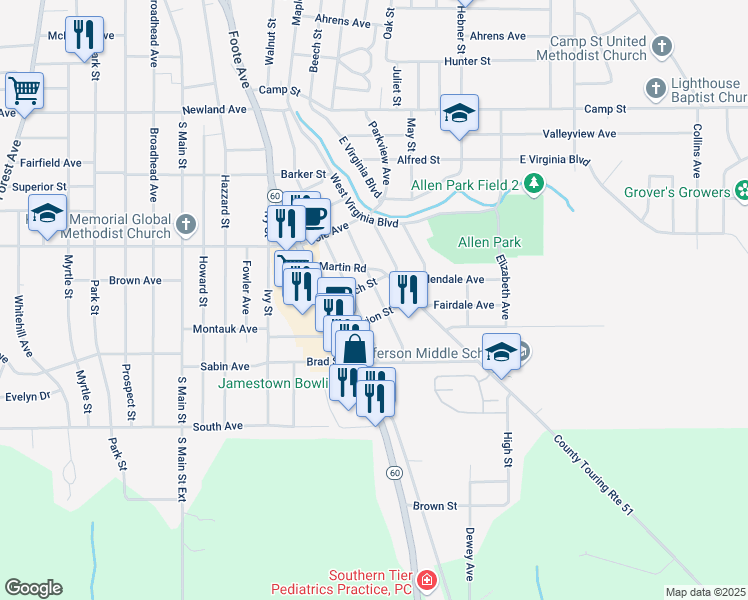map of restaurants, bars, coffee shops, grocery stores, and more near 32 Burtch Street in Jamestown