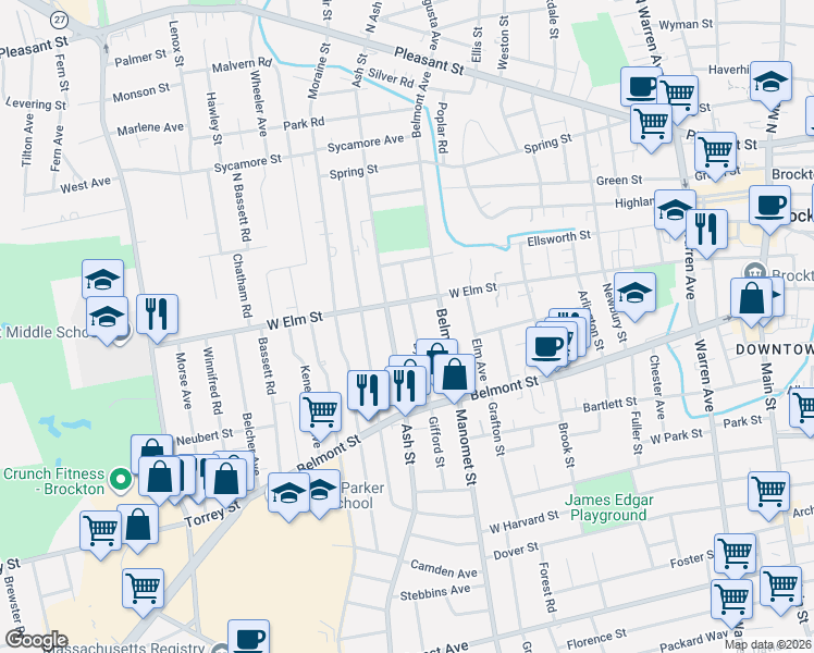 map of restaurants, bars, coffee shops, grocery stores, and more near 19 Byron Avenue in Brockton