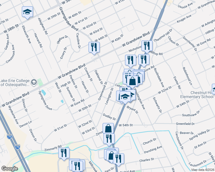 map of restaurants, bars, coffee shops, grocery stores, and more near 5023 Lexington Street in Erie