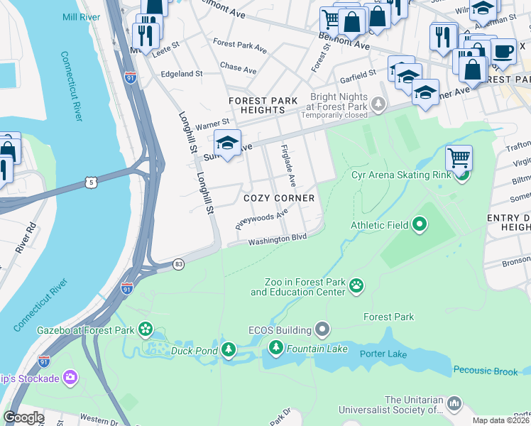 map of restaurants, bars, coffee shops, grocery stores, and more near 51 Pineywoods Avenue in Springfield
