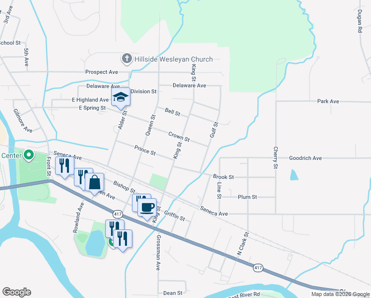 map of restaurants, bars, coffee shops, grocery stores, and more near 929 Brook Street in Olean