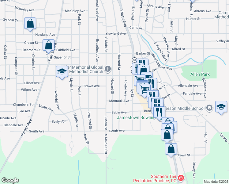 map of restaurants, bars, coffee shops, grocery stores, and more near 468 Hazzard Street in Jamestown
