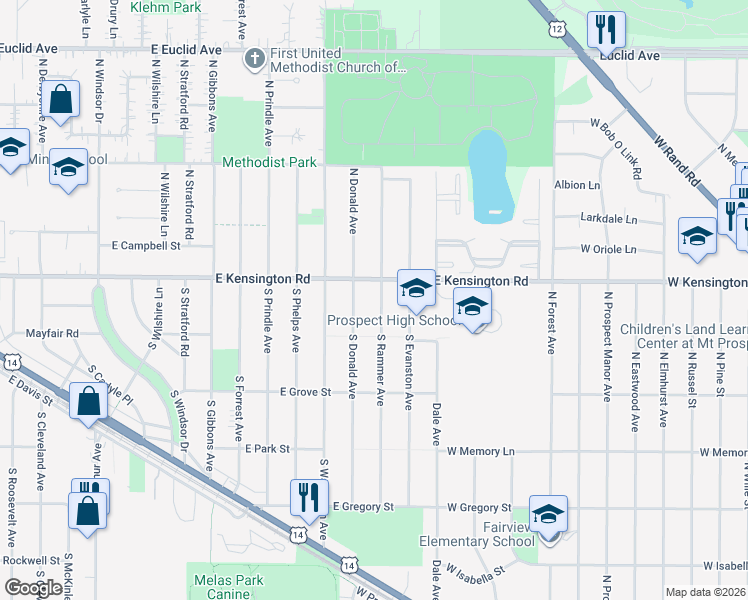 map of restaurants, bars, coffee shops, grocery stores, and more near 216 South Rammer Avenue in Arlington Heights