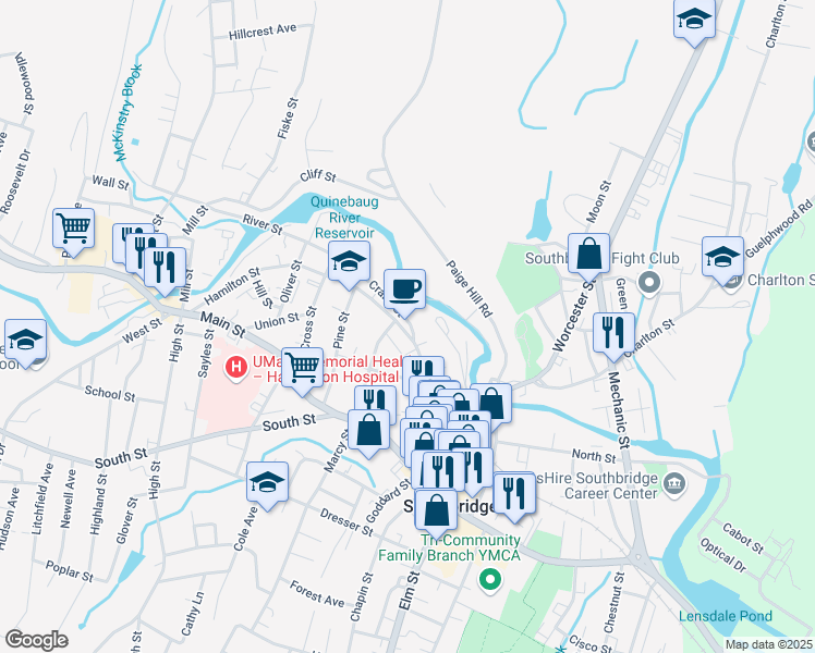 map of restaurants, bars, coffee shops, grocery stores, and more near 25 Marcy Street in Southbridge