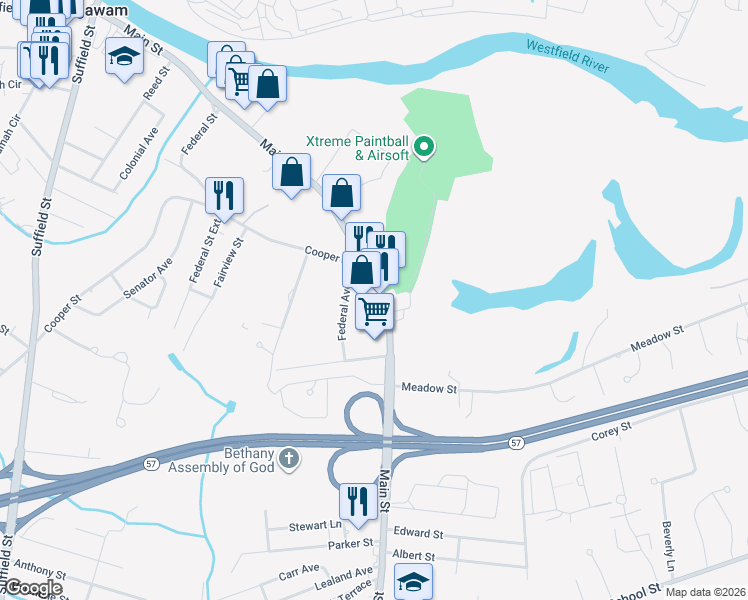 map of restaurants, bars, coffee shops, grocery stores, and more near 420 Main Street in Agawam