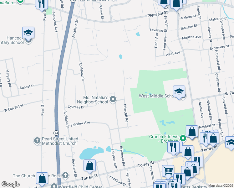 map of restaurants, bars, coffee shops, grocery stores, and more near 192 Braemoor Road in Brockton