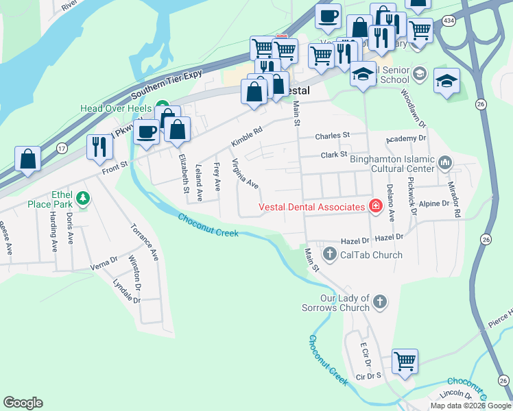 map of restaurants, bars, coffee shops, grocery stores, and more near 217 Lewis Street in Vestal