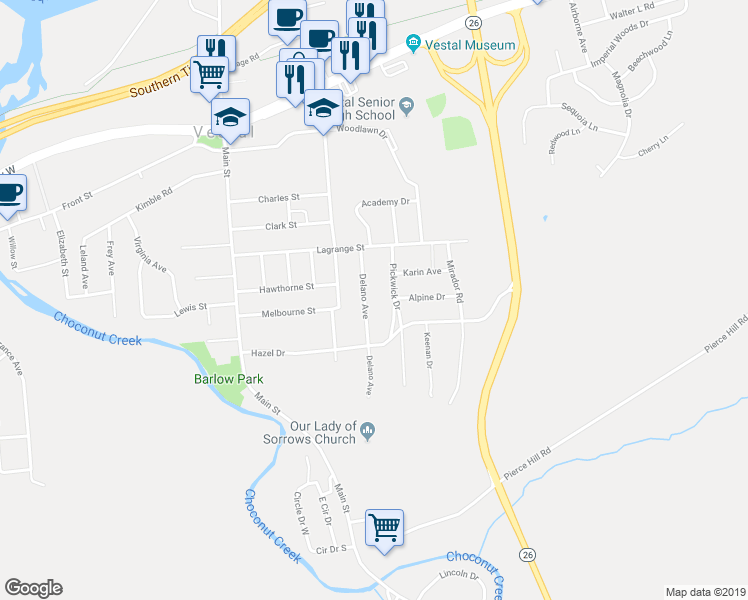map of restaurants, bars, coffee shops, grocery stores, and more near 513 Delano Avenue in Vestal