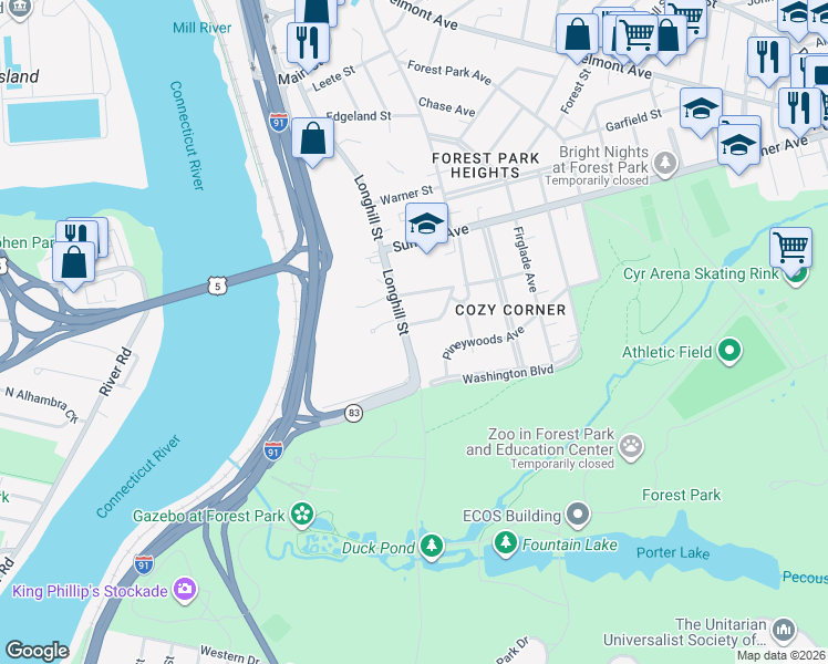 map of restaurants, bars, coffee shops, grocery stores, and more near 22 Pineywoods Avenue in Springfield