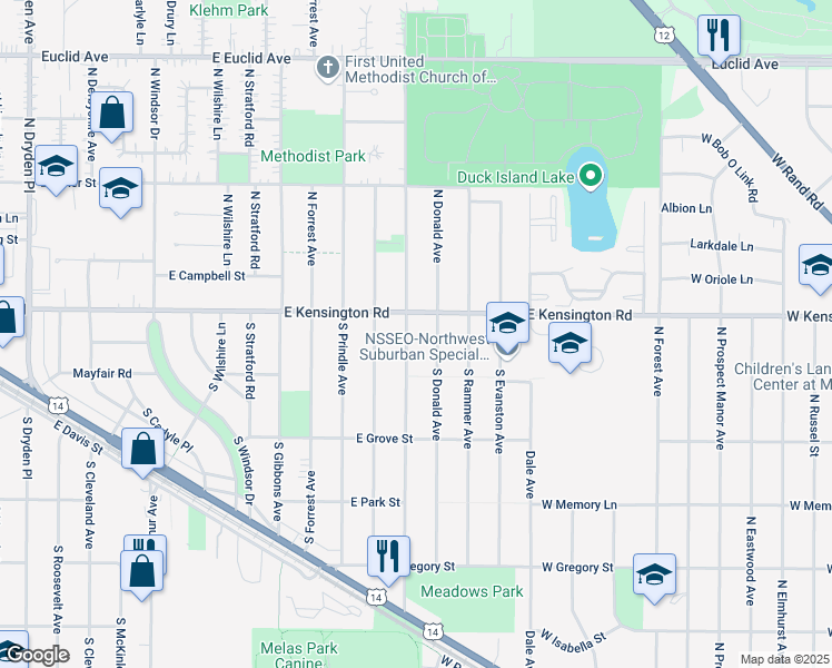 map of restaurants, bars, coffee shops, grocery stores, and more near 26 South Donald Avenue in Arlington Heights
