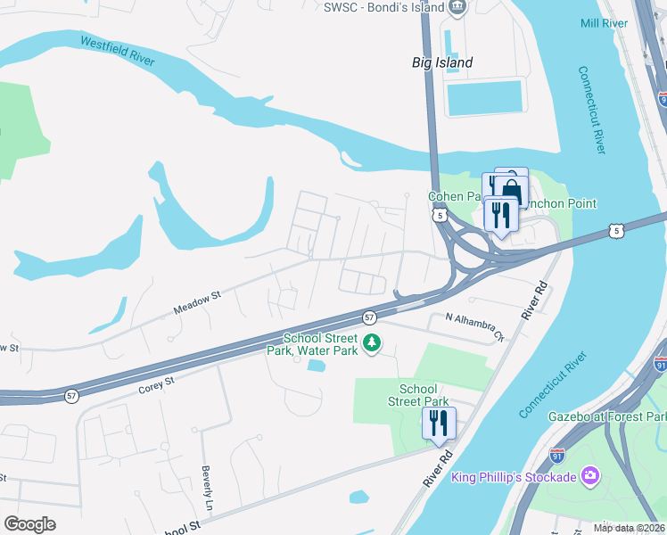 map of restaurants, bars, coffee shops, grocery stores, and more near 410 Meadow Street in Agawam