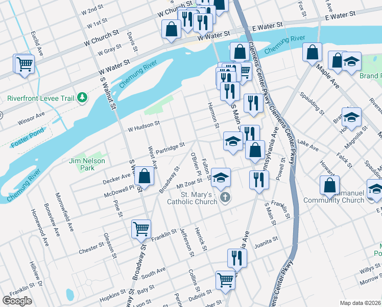 map of restaurants, bars, coffee shops, grocery stores, and more near 309 Broadway Street in Elmira