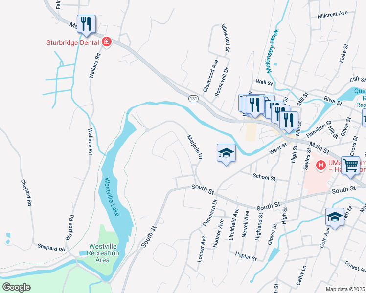 map of restaurants, bars, coffee shops, grocery stores, and more near 78 Westwood Parkway in Southbridge