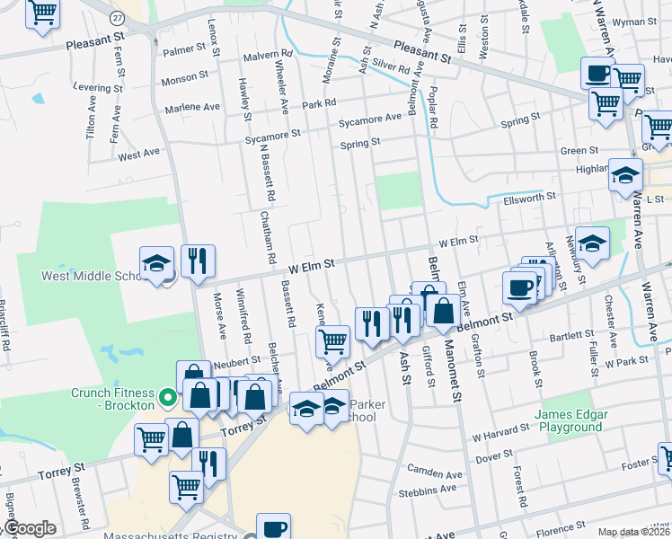 map of restaurants, bars, coffee shops, grocery stores, and more near 409 West Elm Street in Brockton