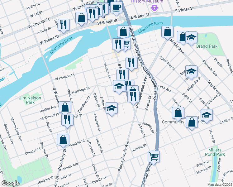map of restaurants, bars, coffee shops, grocery stores, and more near 216 Mount Zoar Street in Elmira