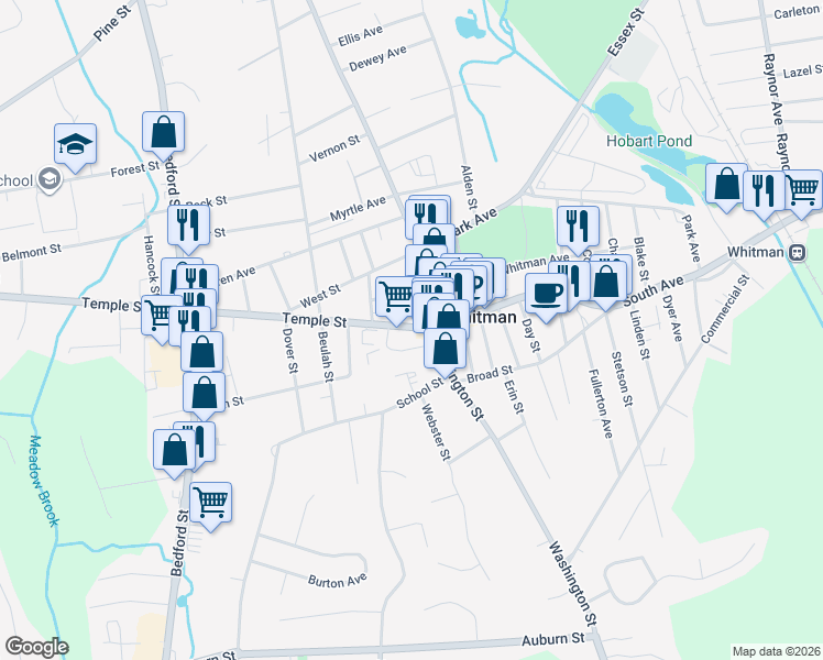 map of restaurants, bars, coffee shops, grocery stores, and more near 584 Washington Street in Whitman
