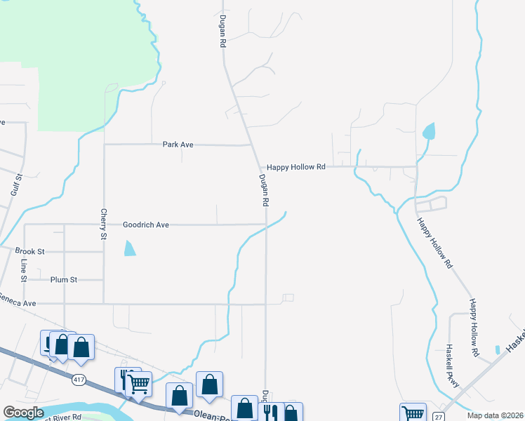 map of restaurants, bars, coffee shops, grocery stores, and more near 1877 Dugan Road in Olean