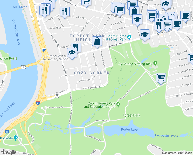 map of restaurants, bars, coffee shops, grocery stores, and more near 121 Pineywoods Avenue in Springfield