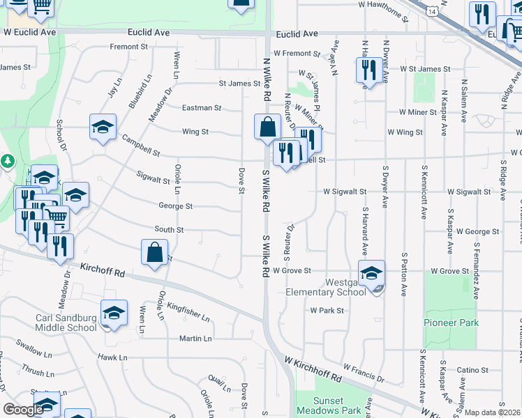 map of restaurants, bars, coffee shops, grocery stores, and more near 2705 Wilke Road in Rolling Meadows