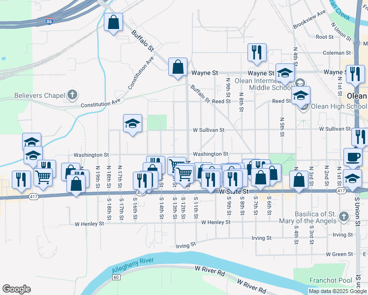 map of restaurants, bars, coffee shops, grocery stores, and more near 8 Olds Court in Olean