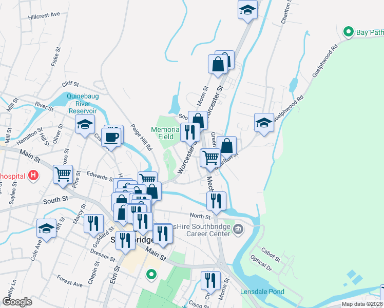 map of restaurants, bars, coffee shops, grocery stores, and more near Worcester St Worcester Street in Southbridge