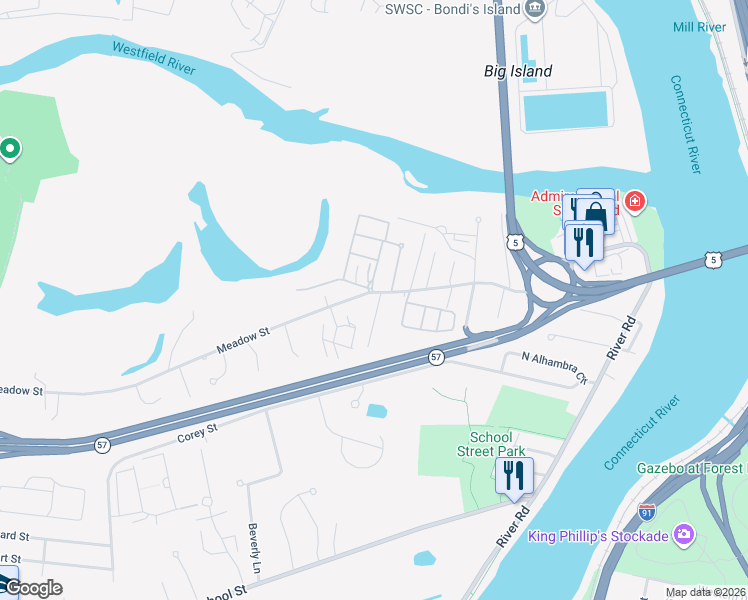 map of restaurants, bars, coffee shops, grocery stores, and more near 132 Regency Park Drive in Agawam