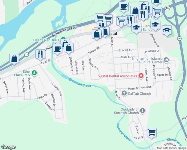 map of restaurants, bars, coffee shops, grocery stores, and more near 412 Virginia Avenue in Vestal