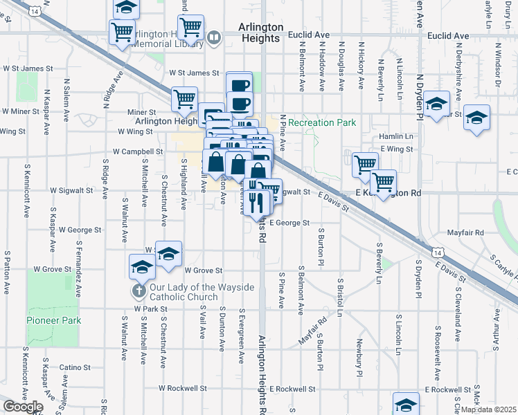 map of restaurants, bars, coffee shops, grocery stores, and more near 125 East Sigwalt Street in Arlington Heights