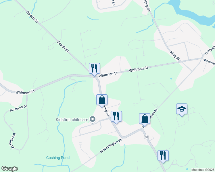 map of restaurants, bars, coffee shops, grocery stores, and more near 248 Spring Street in Hanson