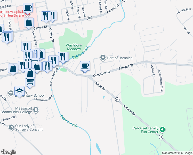 map of restaurants, bars, coffee shops, grocery stores, and more near 13 Crestfield Drive in Brockton