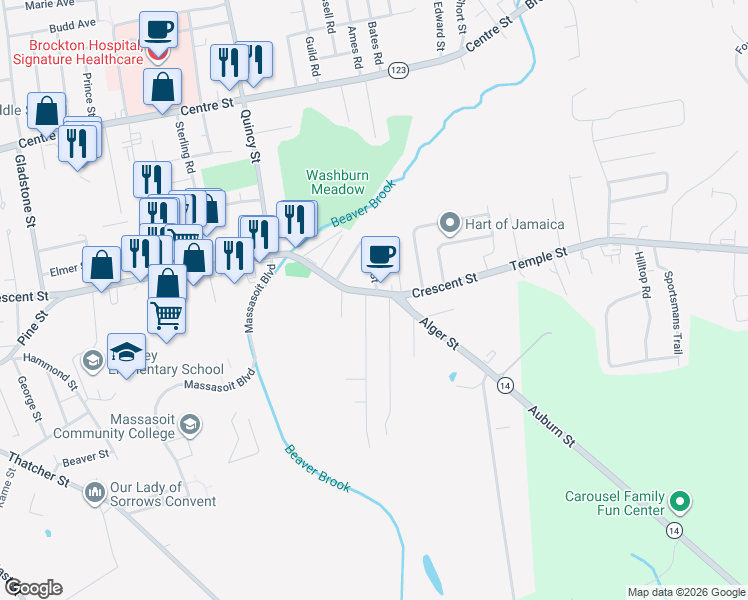 map of restaurants, bars, coffee shops, grocery stores, and more near 18 Hall Street in Brockton