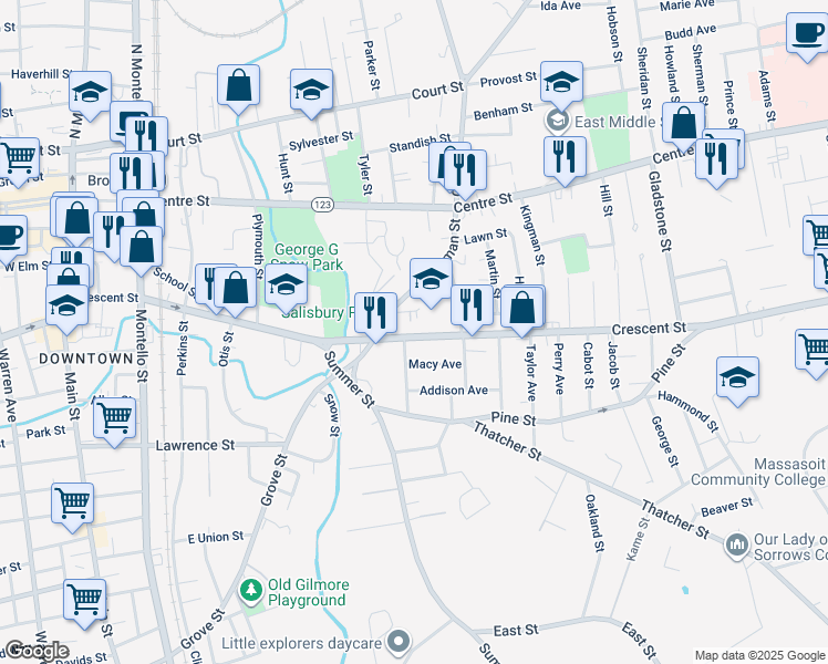map of restaurants, bars, coffee shops, grocery stores, and more near 104102 Erie Avenue in Brockton
