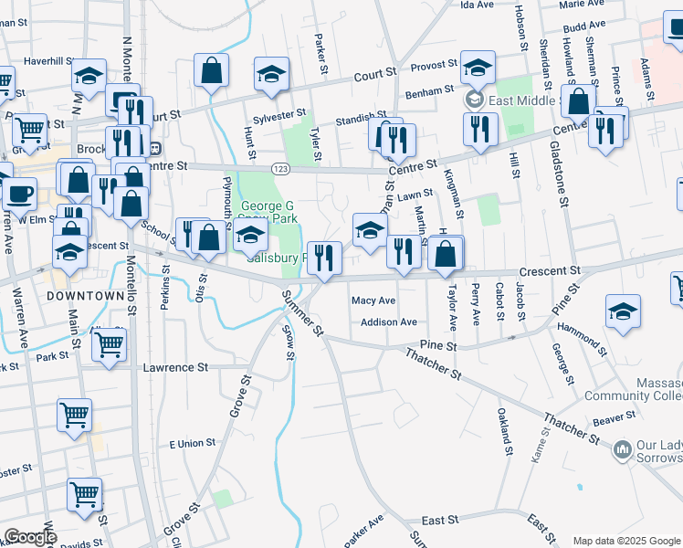 map of restaurants, bars, coffee shops, grocery stores, and more near 104102 Erie Avenue in Brockton