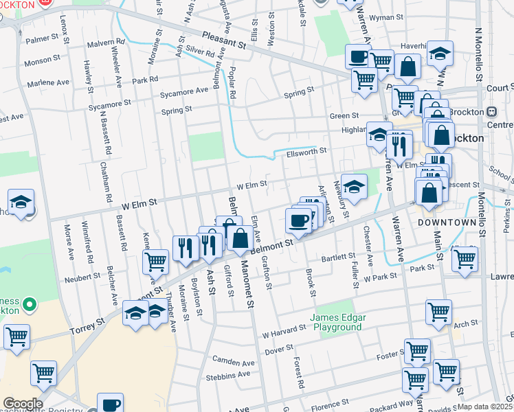 map of restaurants, bars, coffee shops, grocery stores, and more near 276 West Elm Street in Brockton