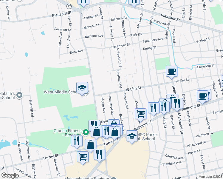 map of restaurants, bars, coffee shops, grocery stores, and more near 36 Elm View Terrace in Brockton