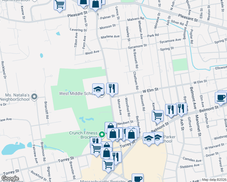 map of restaurants, bars, coffee shops, grocery stores, and more near 230 West Street in Brockton