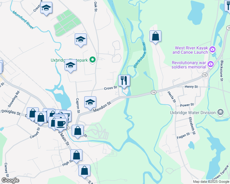 map of restaurants, bars, coffee shops, grocery stores, and more near 31 Cross Street in Uxbridge