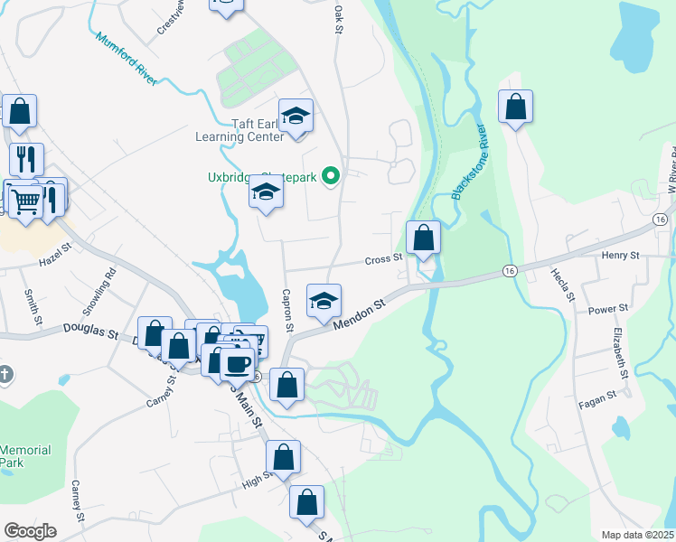 map of restaurants, bars, coffee shops, grocery stores, and more near 25 Fair Street in Uxbridge
