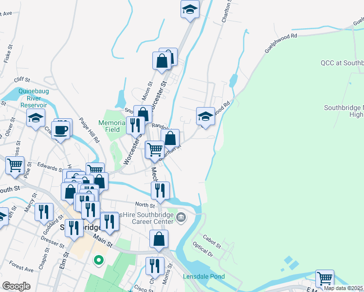 map of restaurants, bars, coffee shops, grocery stores, and more near 26 Liberty Street in Southbridge
