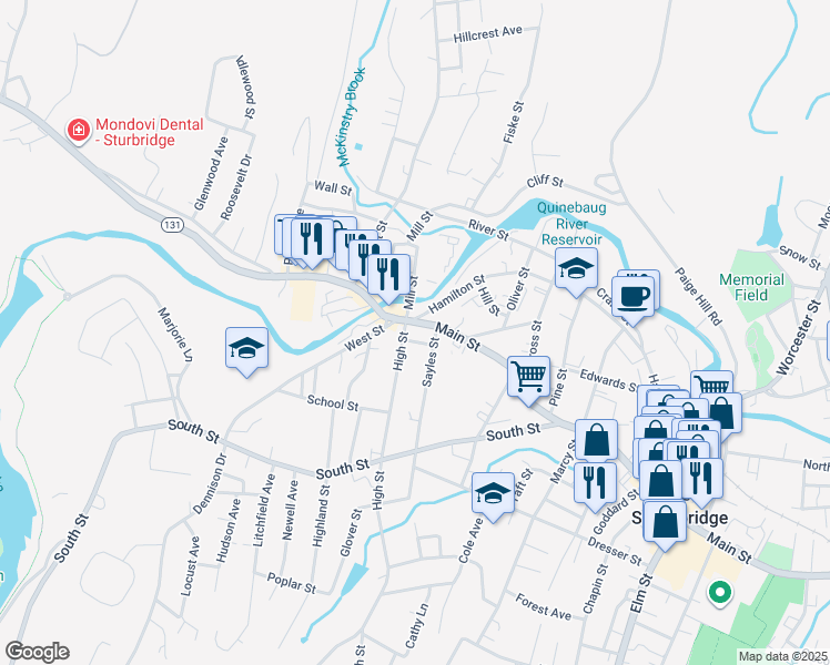 map of restaurants, bars, coffee shops, grocery stores, and more near 540 Hamilton Street in Southbridge