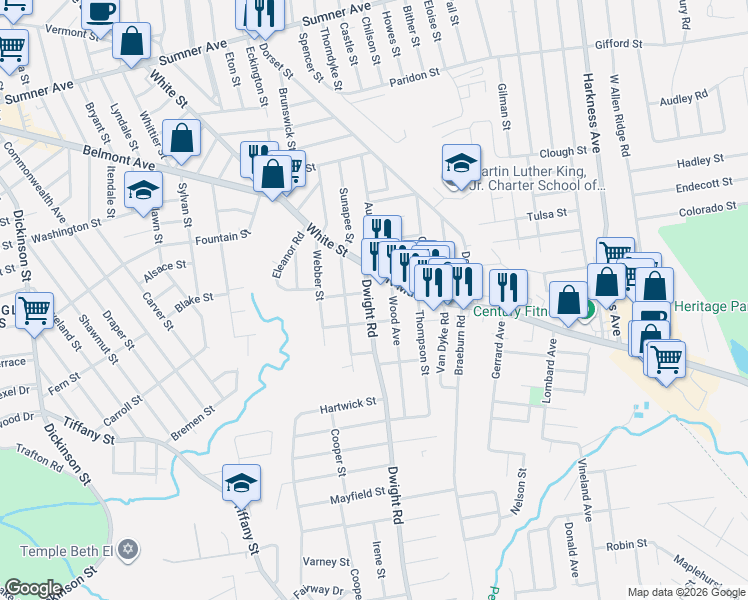 map of restaurants, bars, coffee shops, grocery stores, and more near 16 Dwight Road in Springfield