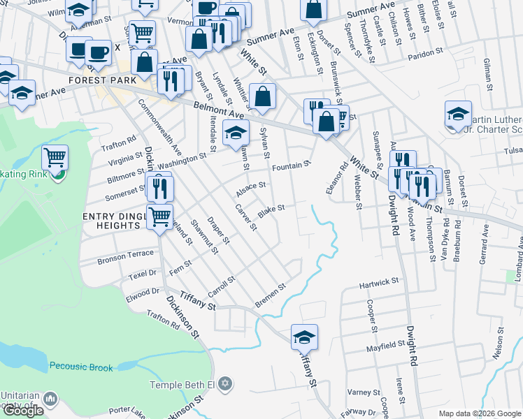 map of restaurants, bars, coffee shops, grocery stores, and more near 118-120 Sylvan Street in Springfield