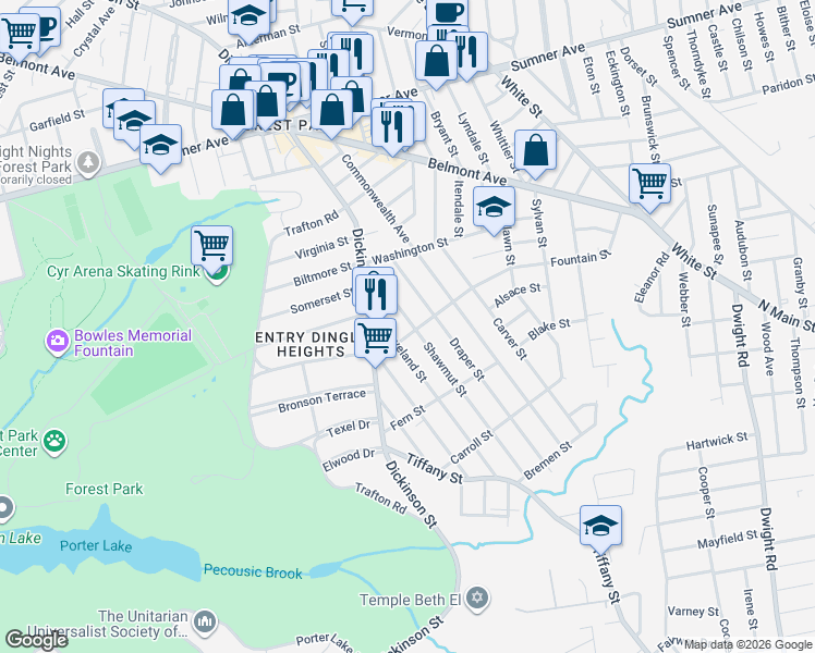 map of restaurants, bars, coffee shops, grocery stores, and more near 46-48 Shawmut Street in Springfield